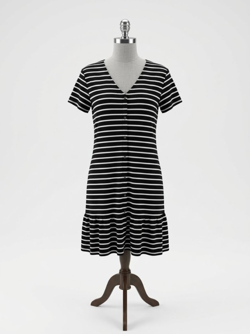 J. Jill Tiered‎ Button-Front Dress Tencel/Modal Navy/White Stripe Size S NWT